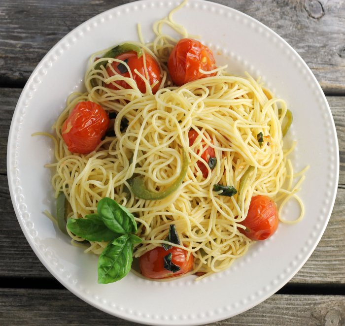 Cherry tomato basil angel hair pasta, a simple, but delicious meal by itself or add chicken or maybe a salad to make it complete.