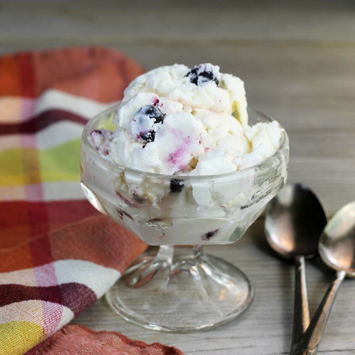 A side view of a dessert cup filled with blueberry ice cream.