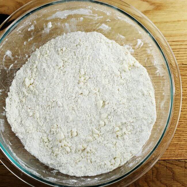 The butter is cut into the flour mixture and the mixture is crumbly.