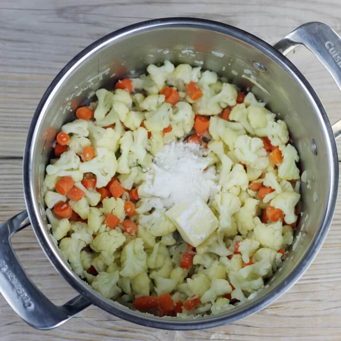 Butter and flour are added to the cooked vegetables.