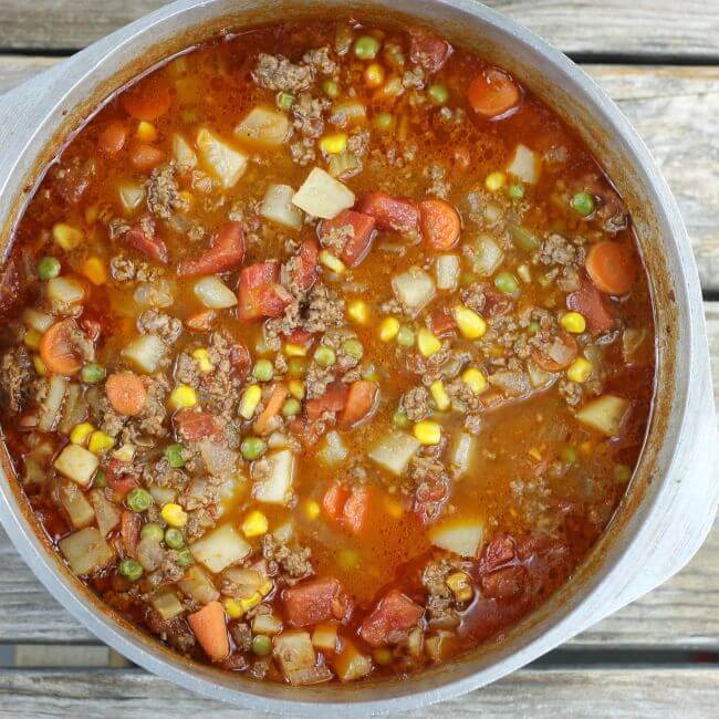 Finished easy hamburger stew in Dutch oven.