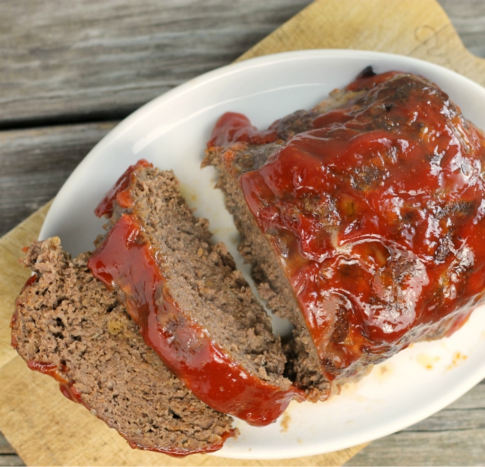 Meatloaf with barbecue glaze made with ground beef, bread crumbs, egg, dry mustard, and Worcestershire sauce