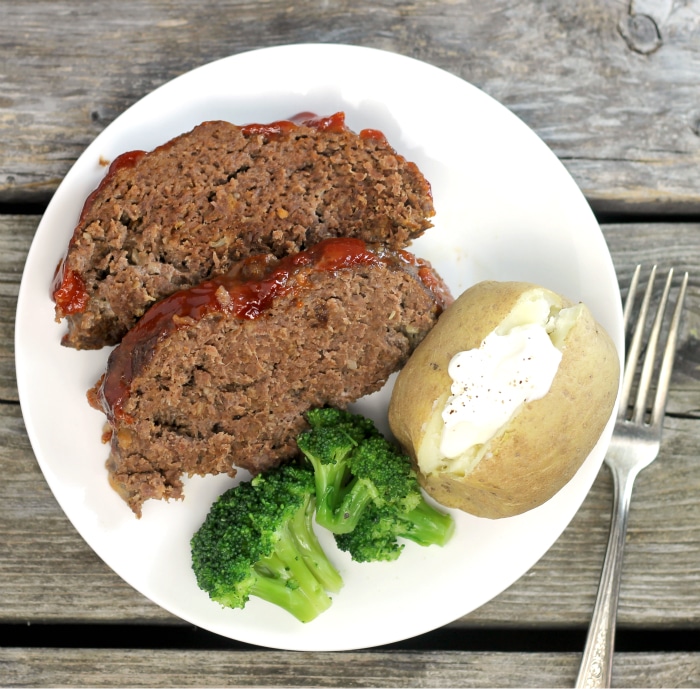 Meatloaf with barbecue glaze made with ground beef, bread crumbs, egg, dry mustard, and Worcestershire sauce