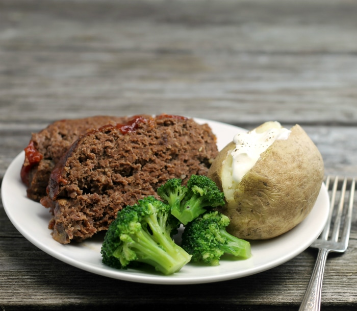 Meatloaf with barbecue glaze made with ground beef, bread crumbs, egg, dry mustard, and Worcestershire sauce