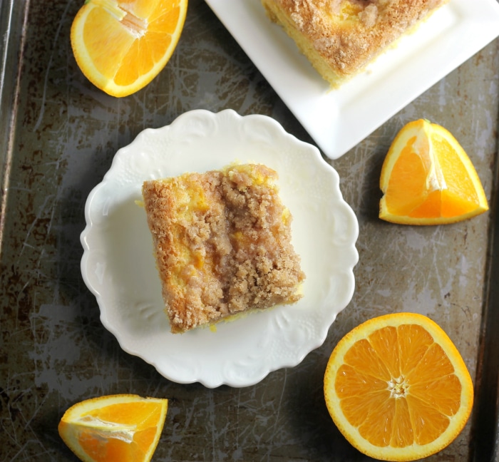 Orange cream cheese coffee cake made with oranges and a cinnamon crumble