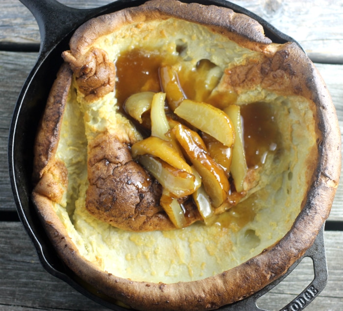 Easy to make Dutch Baby Pancakes with Caramelized Pears. Perfect for Brunch.