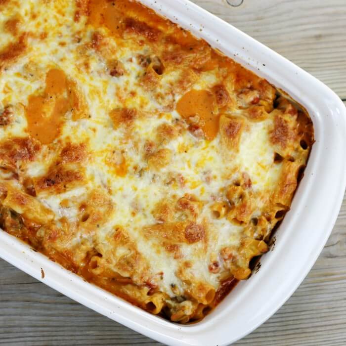 Baked pasta casserole in a baking pan. 