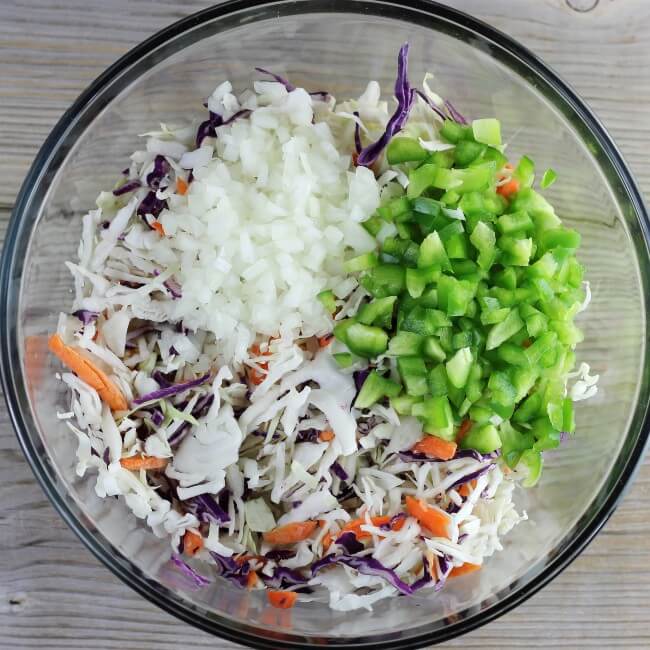 A large bowl with shredded cabbage, chopped onions, and peppers.