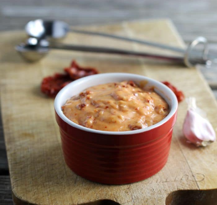 Sun-dried tomato aioli is so simple to make, you can spread it on sandwiches or use it as a dip.