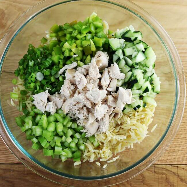 Celery, green onions, chicken, peppers, chicken, and pasta in a bowl.