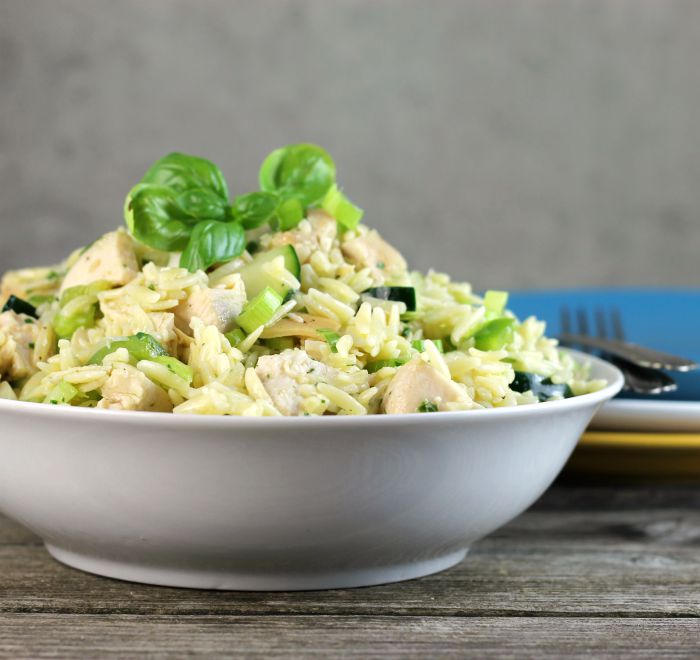 Easy chicken orzo salad is a meal all by itself includes fresh herbs from the garden.