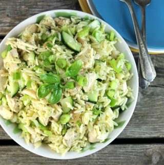 Easy chicken orzo salad is a meal all by itself includes fresh herbs from the garden.