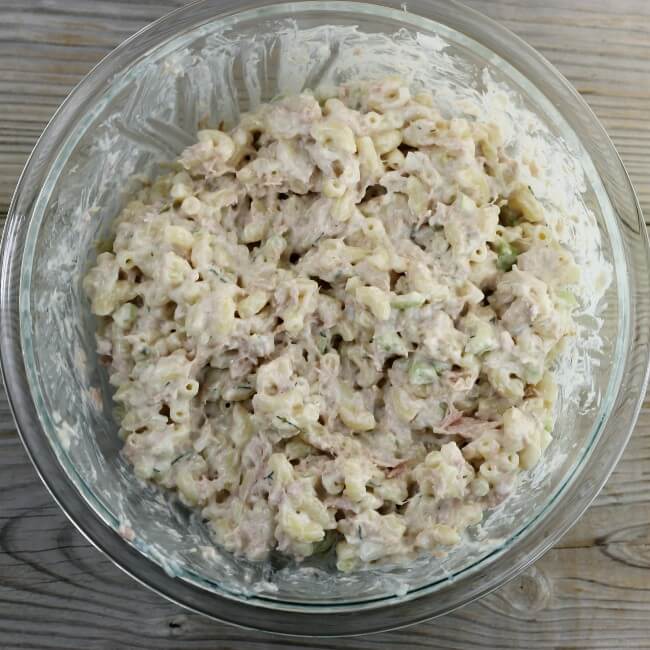 A large bowl of tuna macaroni salad