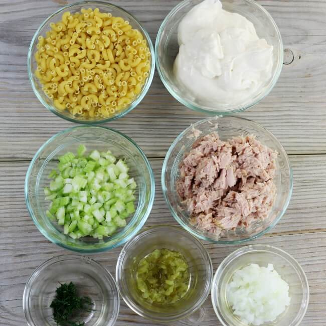 Ingredients for elbow macaroni salad.