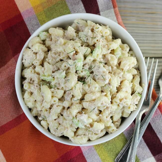 Overlooking a bowl of macaroni and tuna salad.