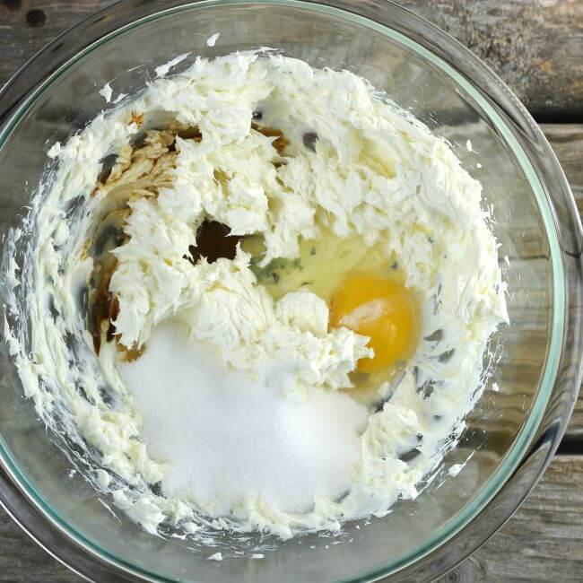 The egg, sugar, and vanilla are added to the cream cheese.