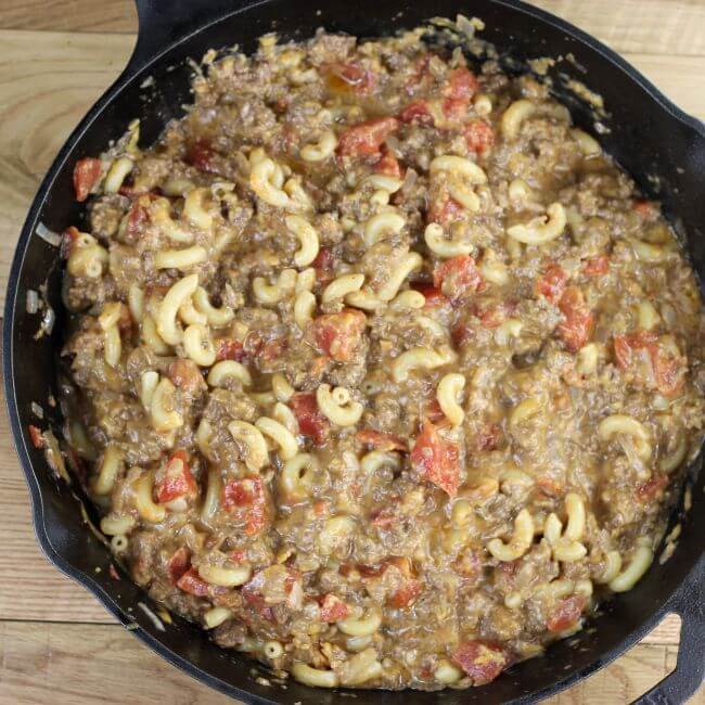 Cheeseburger skillet is ready to serve.