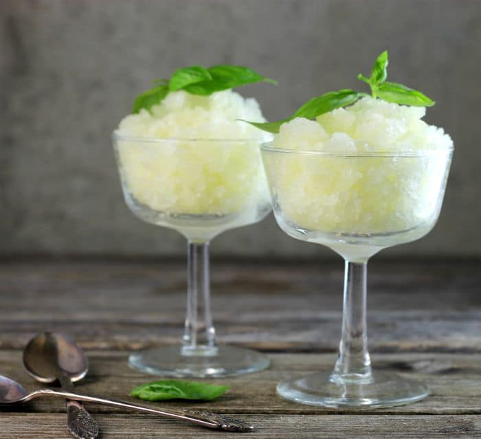 Lemon Basil Granita a cool light dessert which features a burst of lemon flavor and a taste of basil perfect for a ho