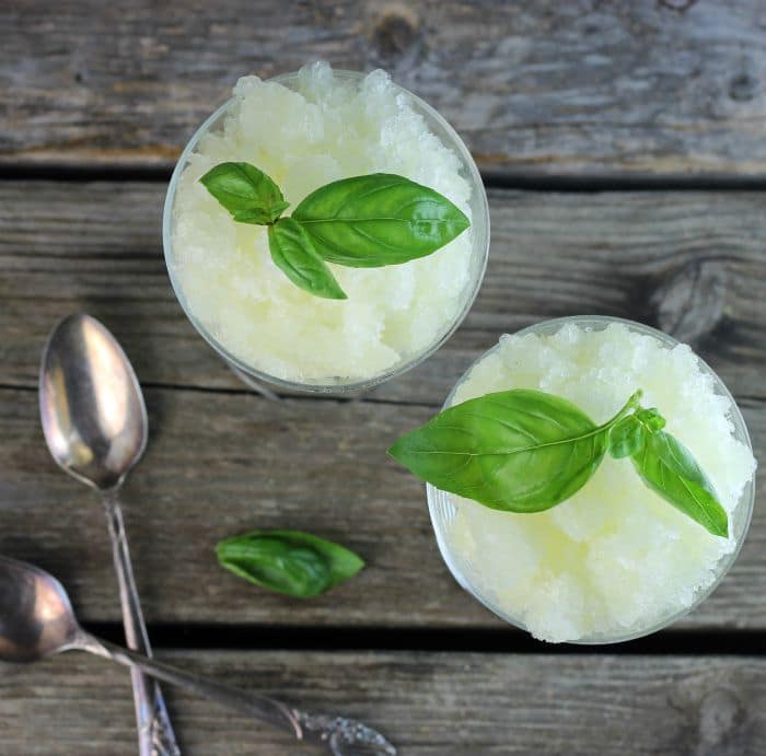 Lemon Basil Granita a cool light dessert which features a burst of lemon flavor and a taste of basil perfect for a ho