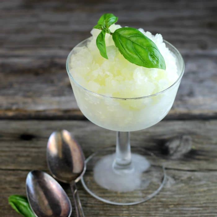 Lemon Basil Granita a cool light dessert which features a burst of lemon flavor and a taste of basil perfect for a ho