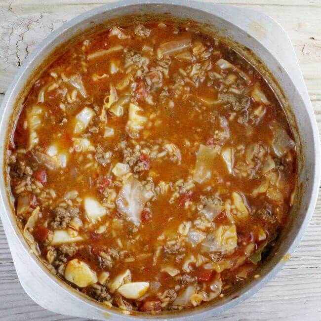 Cabbage roll soup in a Dutch oven.