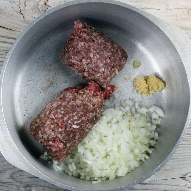 Hamburger, onion, and garlic in a Dutch oven.