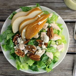Chicken, Pear, and Blue Cheese Salad with Sweet Onion Dressing is a great salad for your lunch or dinner.