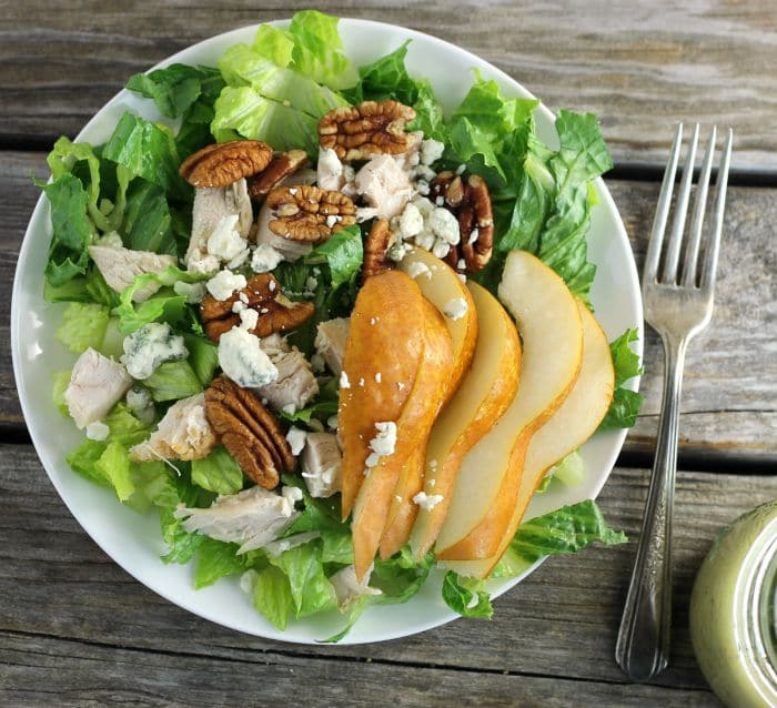 Chicken, Pear, and Blue Cheese Salad with Sweet Onion Dressing is a great salad for your lunch or dinner.