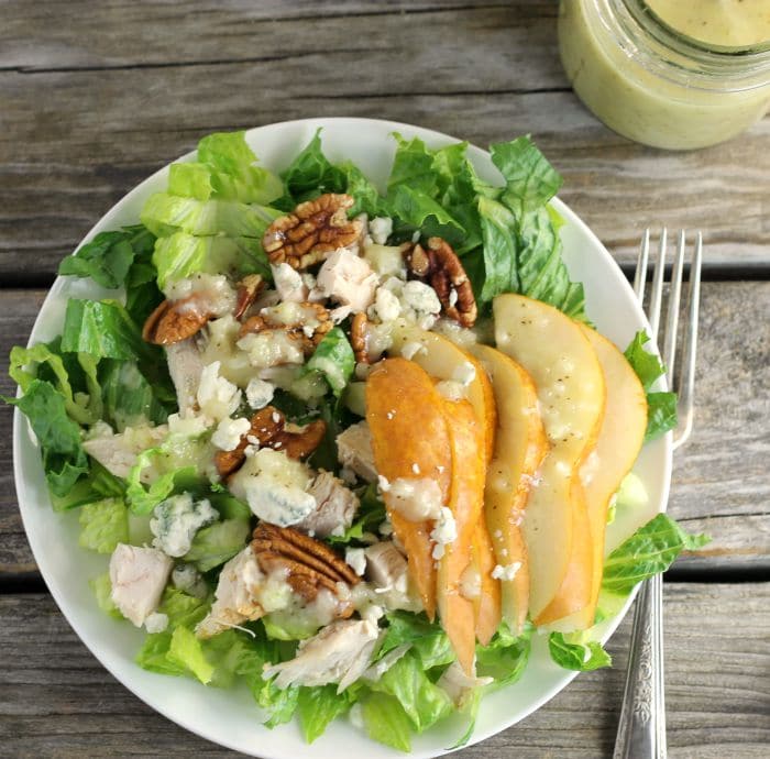 Chicken, Pear, and Blue Cheese Salad with Sweet Onion Dressing is a great salad for your lunch or dinner.