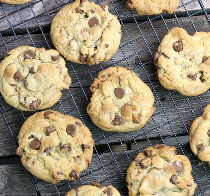 Chocolate Chip Salted Caramel Cookies chewy cookies that are loaded with chocolate chip, caramel bits and topped with coarse sea salt.