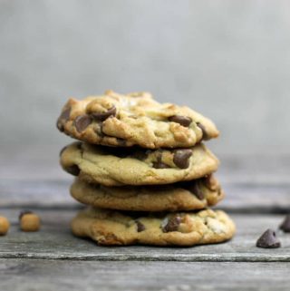 Chocolate Chip Salted Caramel Cookies chewy cookies that are loaded with chocolate chip, caramel bits and topped with coarse sea salt.