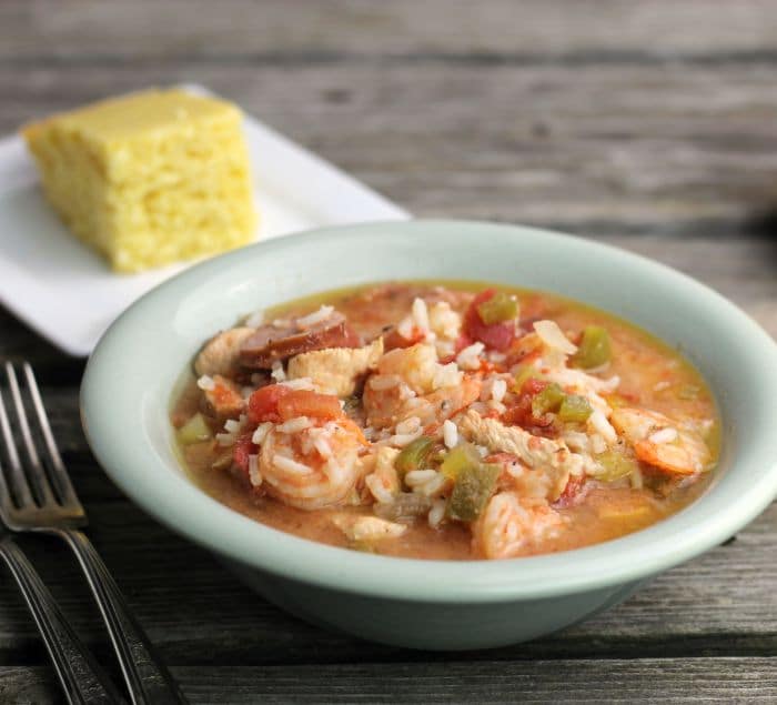 Easy Slow Cooker Gumbo is super easy to make in the slow cooker and is loaded with chicken, sausage, and shrimp and spices; and a real crowd pleaser.