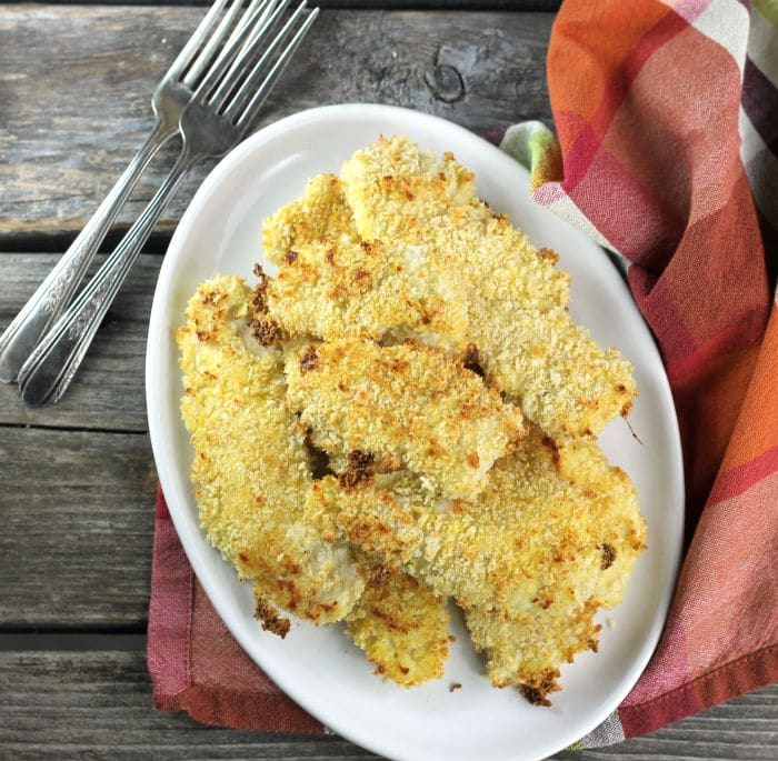 Crispy Baked Chicken Strips are coated with panko breadcrumbs then baked until the chicken is tender and has a crispy outer coating.