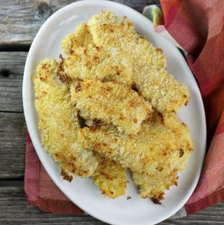 Crispy Baked Chicken Strips are coated with panko breadcrumbs then baked until the chicken is tender and has a crispy outer coating.