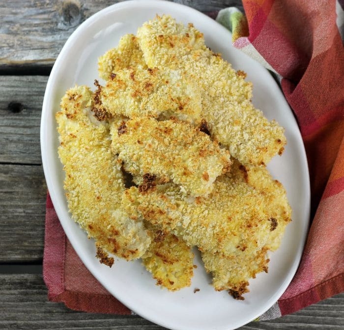 Crispy Baked Chicken Strips are coated with panko breadcrumbs then baked until the chicken is tender and has a crispy outer coating.