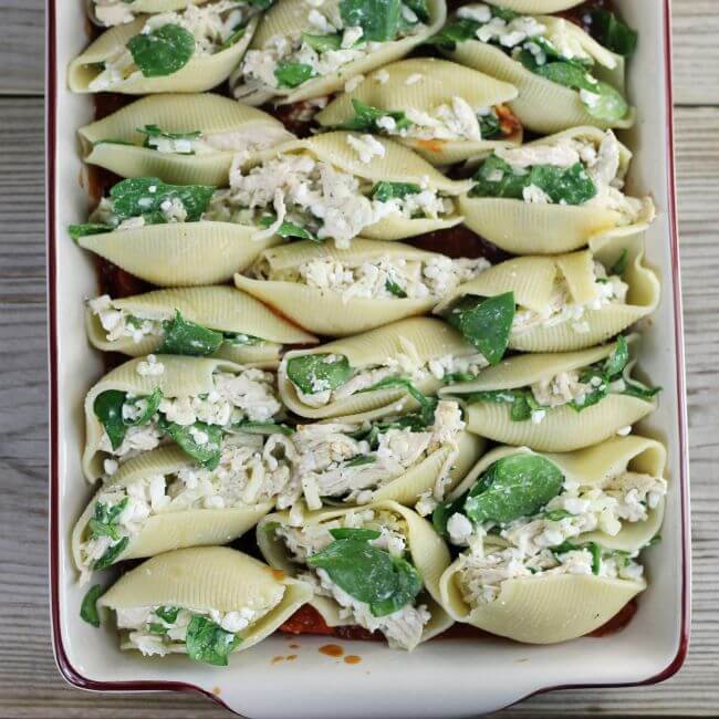Stuffed shells are placed on top of the red sauce.