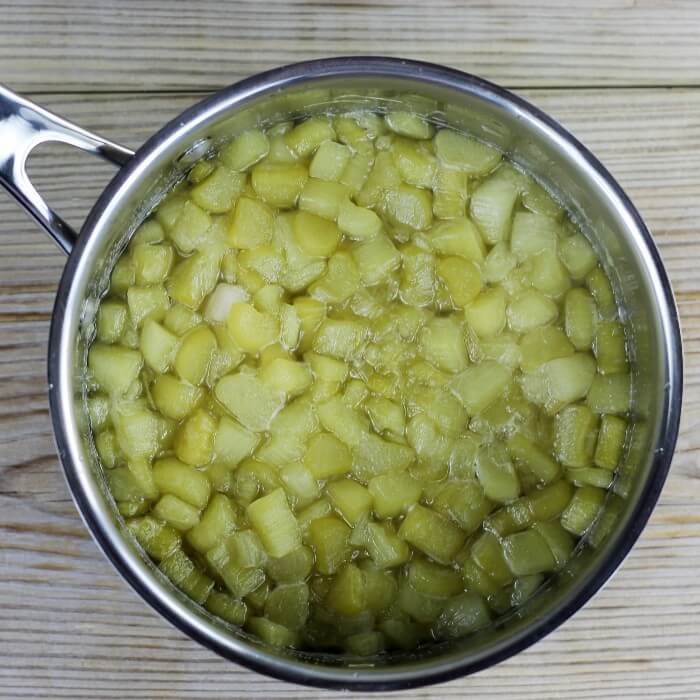 Cooked rhubarb in a saucepan.