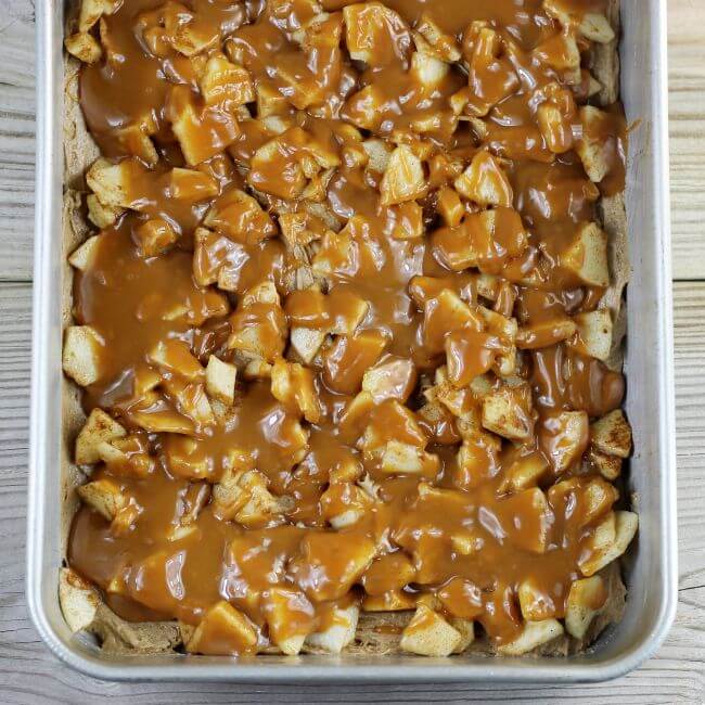 Caramel is drizzled over top of the apples.