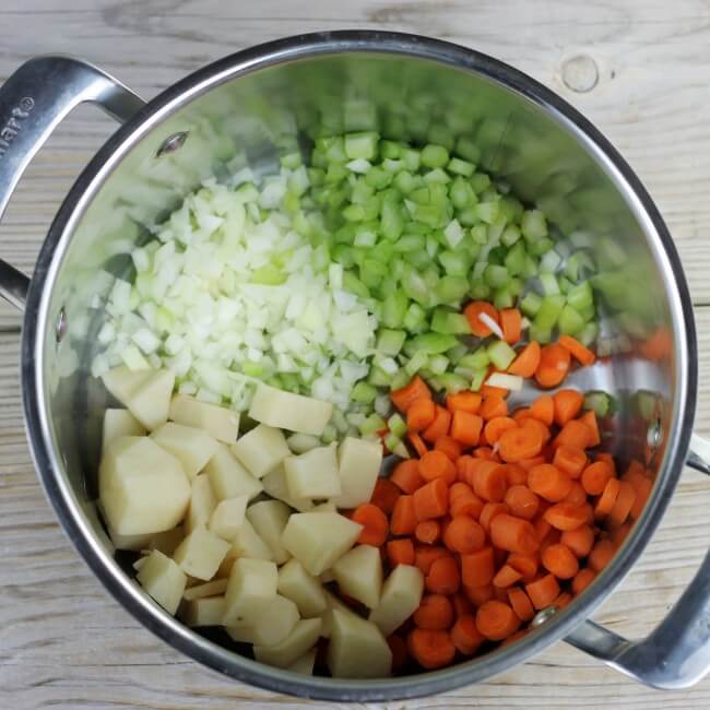 Potatoes, carrots, onion, and celery are put into a soup pot.