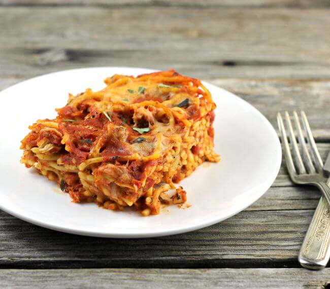 Chicken spaghetti on a white plate