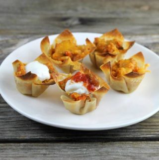 Wonton taco cups on a white plate.