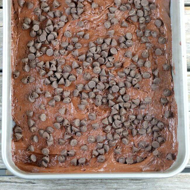 Cake batter in baking pan with chocolate chips.
