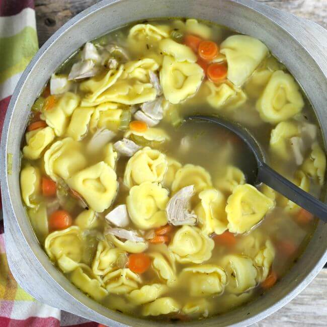Chicken tortellini soupo in a soup pot.