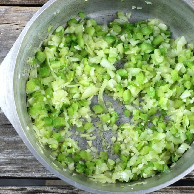 Cooked celery, onion, and garlic in a Dutch oven.