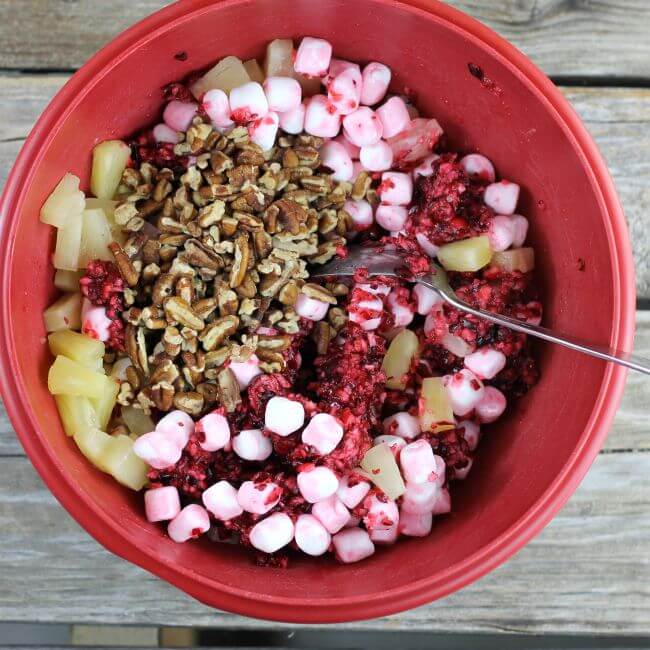 Cranberries, pineapple, marshmallows, and pecans in a red bowl