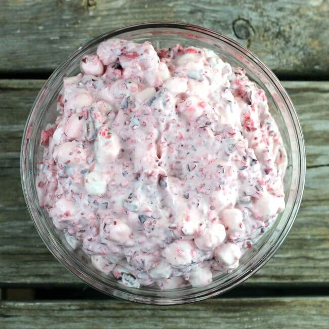 Cranberry fluff salad in a glass bowl