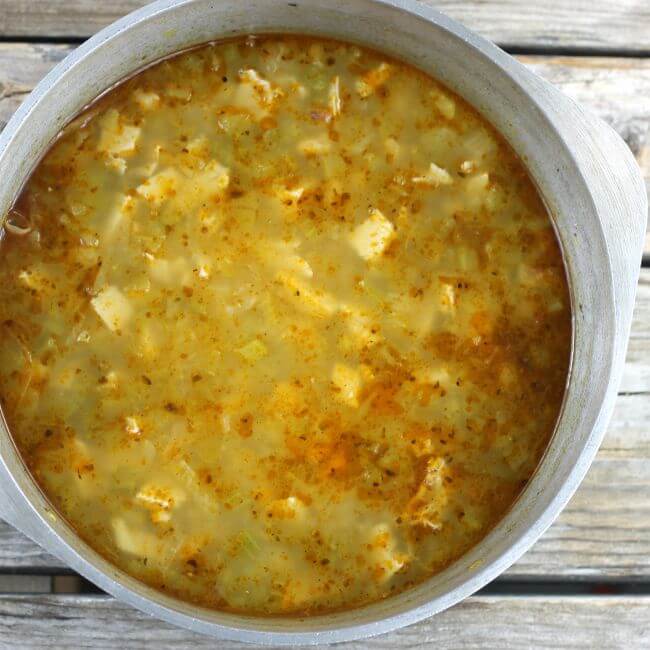 White chicken chili in a Dutch oven