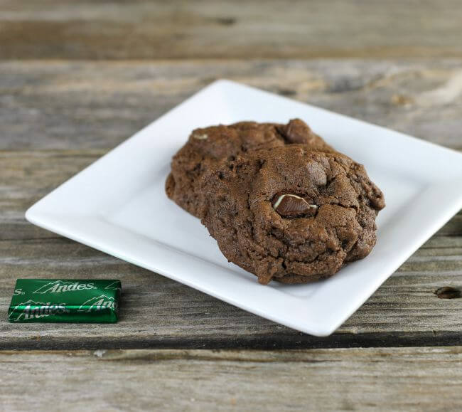 Chocolate mint cookies on a white plate.