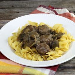 Meatballs and egg noodles in a white bowl setting on a napkin.