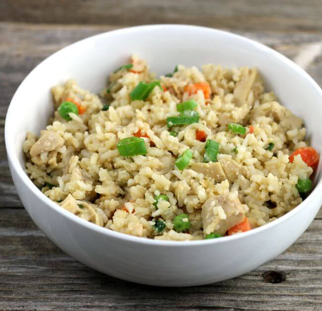 Fried rice in a white bowl.